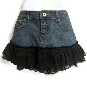 Forever 21 | Black Lace Ruffle Hem | Micro Mini Jean Skirt | Sz Med